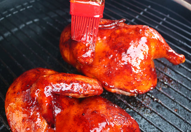 Smoked Half Chickens with Spicy Peach BBQ Glaze What To Spray Chicken With While Smoking