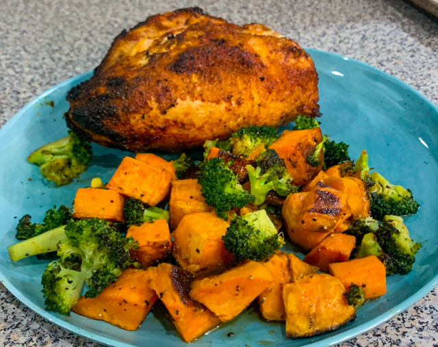 Grilled Chicken Breast Recipe with Honey Dijon Broccoli & Sweet Potato